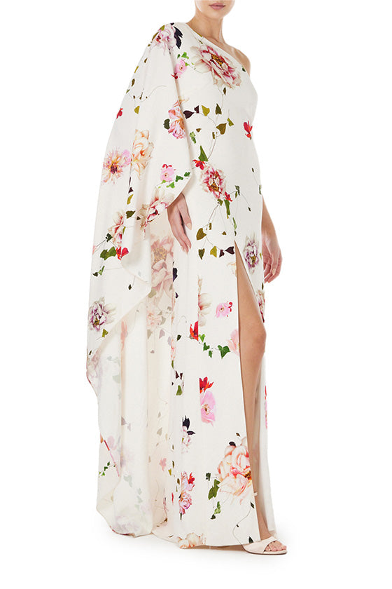 Monique Lhuillier Spring 2024 One Shoulder Floral Caftan in silk white - right side.