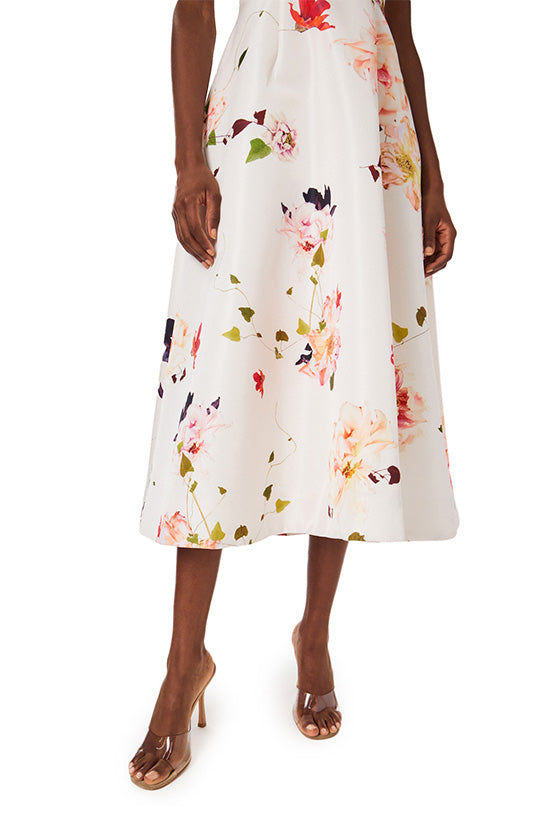 Monique Lhuillier sleeveless midi dress with jewel neckline and pockets in silk white floral printed silk faille.