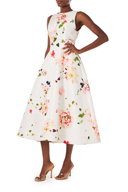 Monique Lhuillier sleeveless midi dress with jewel neckline and pockets in silk white floral printed silk faille.