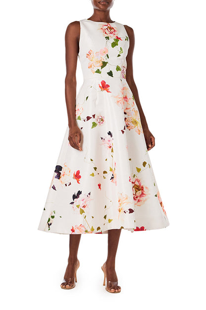 Monique Lhuillier sleeveless midi dress with jewel neckline and pockets in silk white floral printed silk faille.