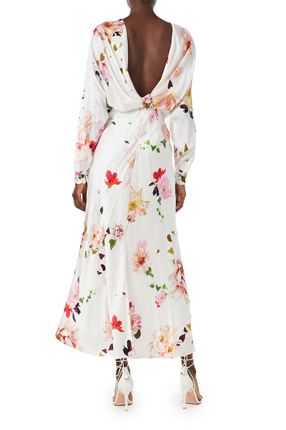 Monique Lhuillier Blouson Long Sleeve Floral Dress in silk white.