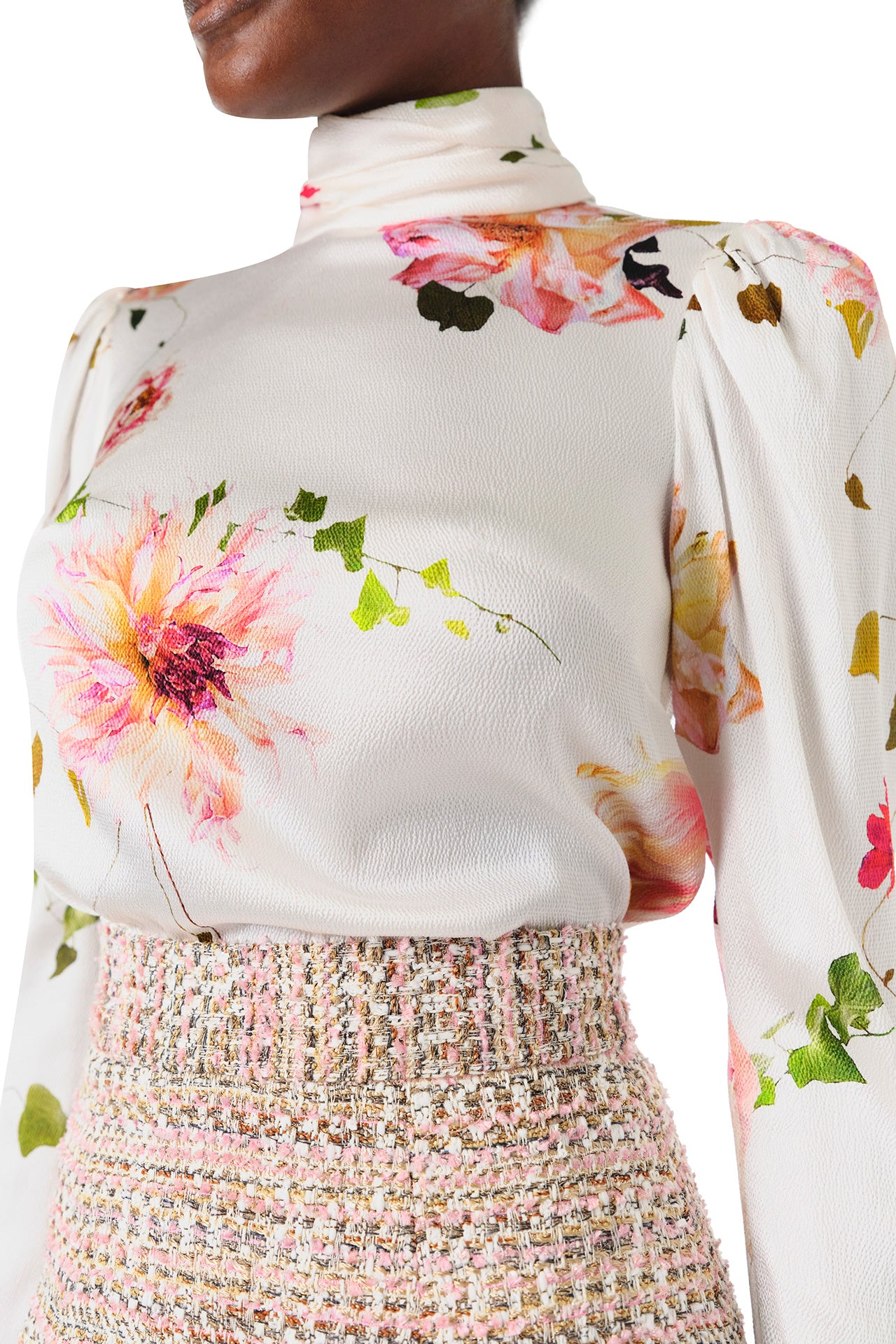 Monique Lhuillier Spring 2024 floral print high neck blouse with long sleeves - detail..