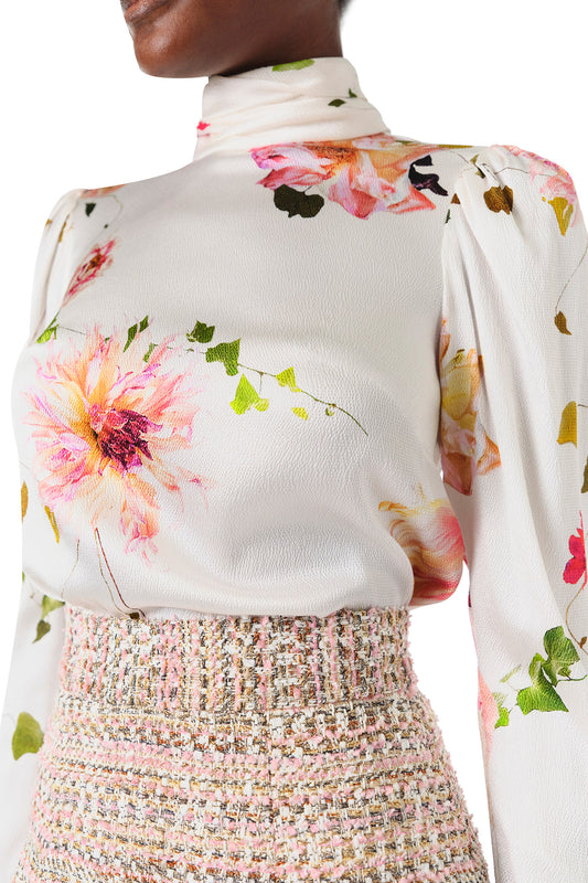 Monique Lhuillier Spring 2024 floral print high neck blouse with long sleeves - detail..
