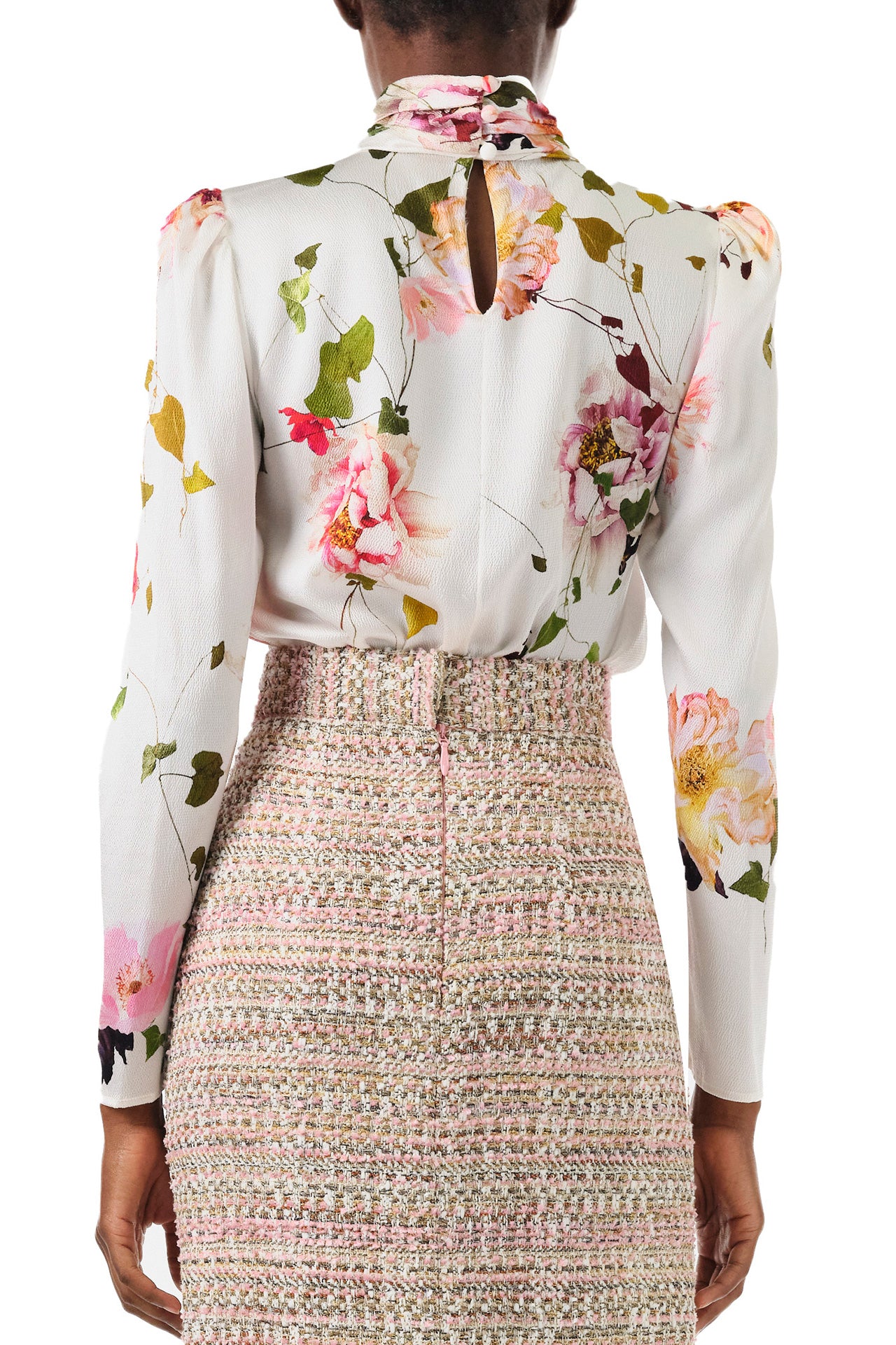 Monique Lhuillier Spring 2024 floral print high neck blouse with long sleeves - back.