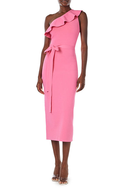 Monique Lhuillier bright pink knit one shoulder midi dress with ruffle and self-tie belt.