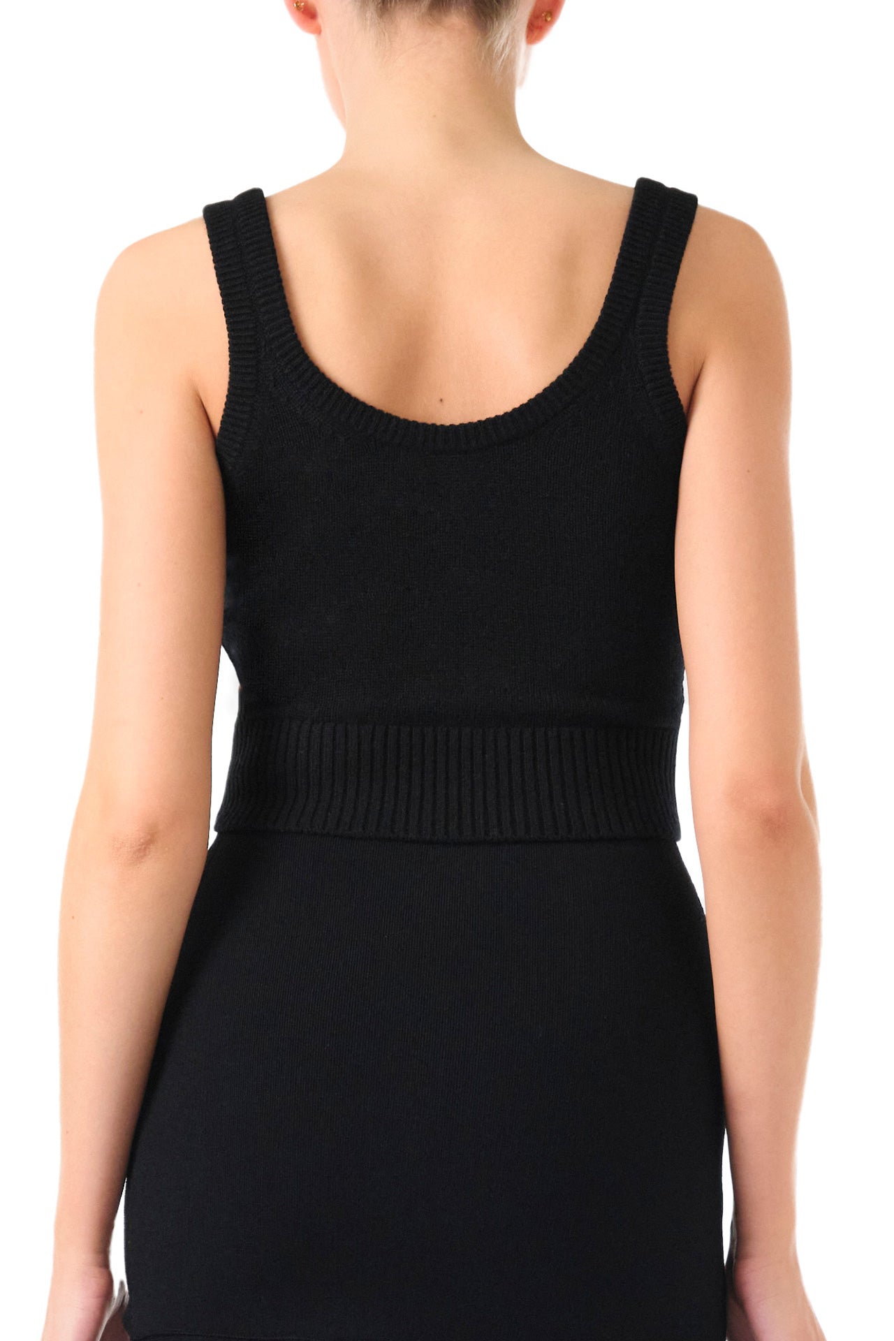 Monique Lhuillier black cashmere cropped tank with scoop neck and gold buttons - back detail.