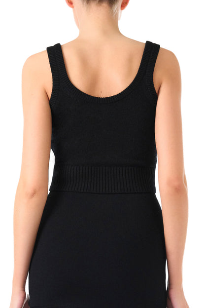 Monique Lhuillier black cashmere cropped tank with scoop neck and gold buttons - back detail.