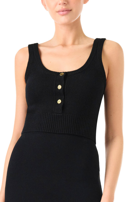 Monique Lhuillier black cashmere cropped tank with scoop neck and gold buttons - front detail.