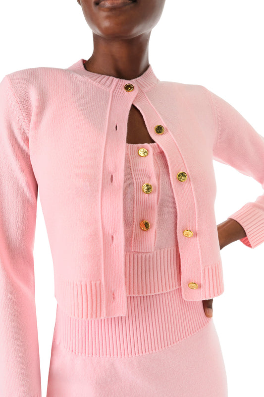 Monique Lhuillier pink cashmere cropped cardigan with gold buttons - front detail.