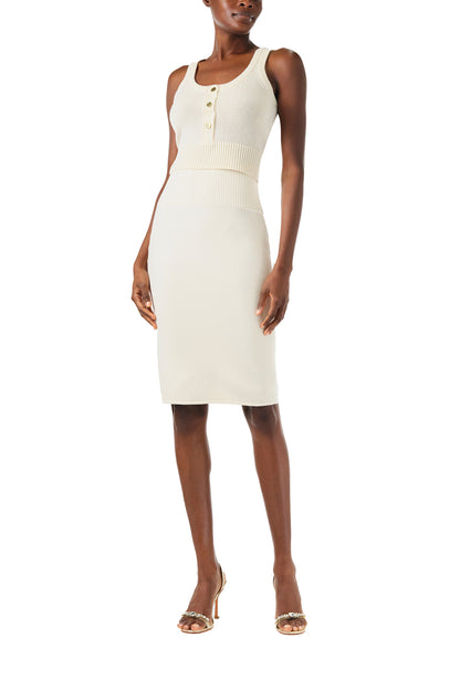 Monique Lhuillier Spring 2024 white cropped cashmere tank with scoop neck and gold button closure - front.