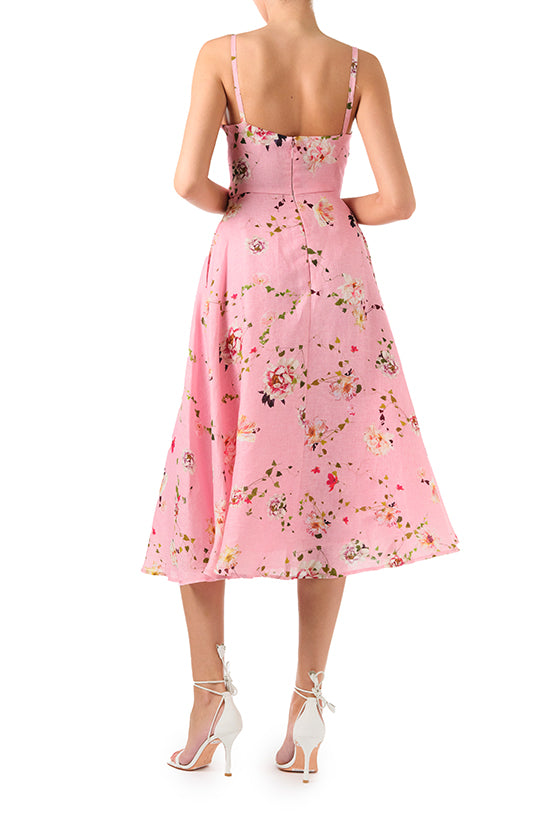 Monique Lhuillier Spring 2024 pink floral print linen cocktail dress with sweetheart neckline, flared skirt and pockets - back.