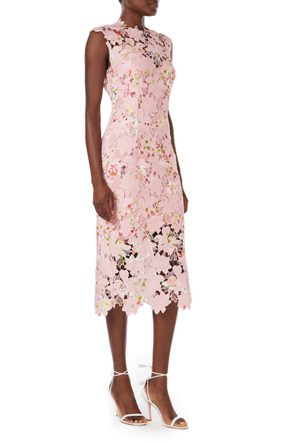 Monique Lhuillier sleeveless, midi length dress in peony pink floral printed lace.