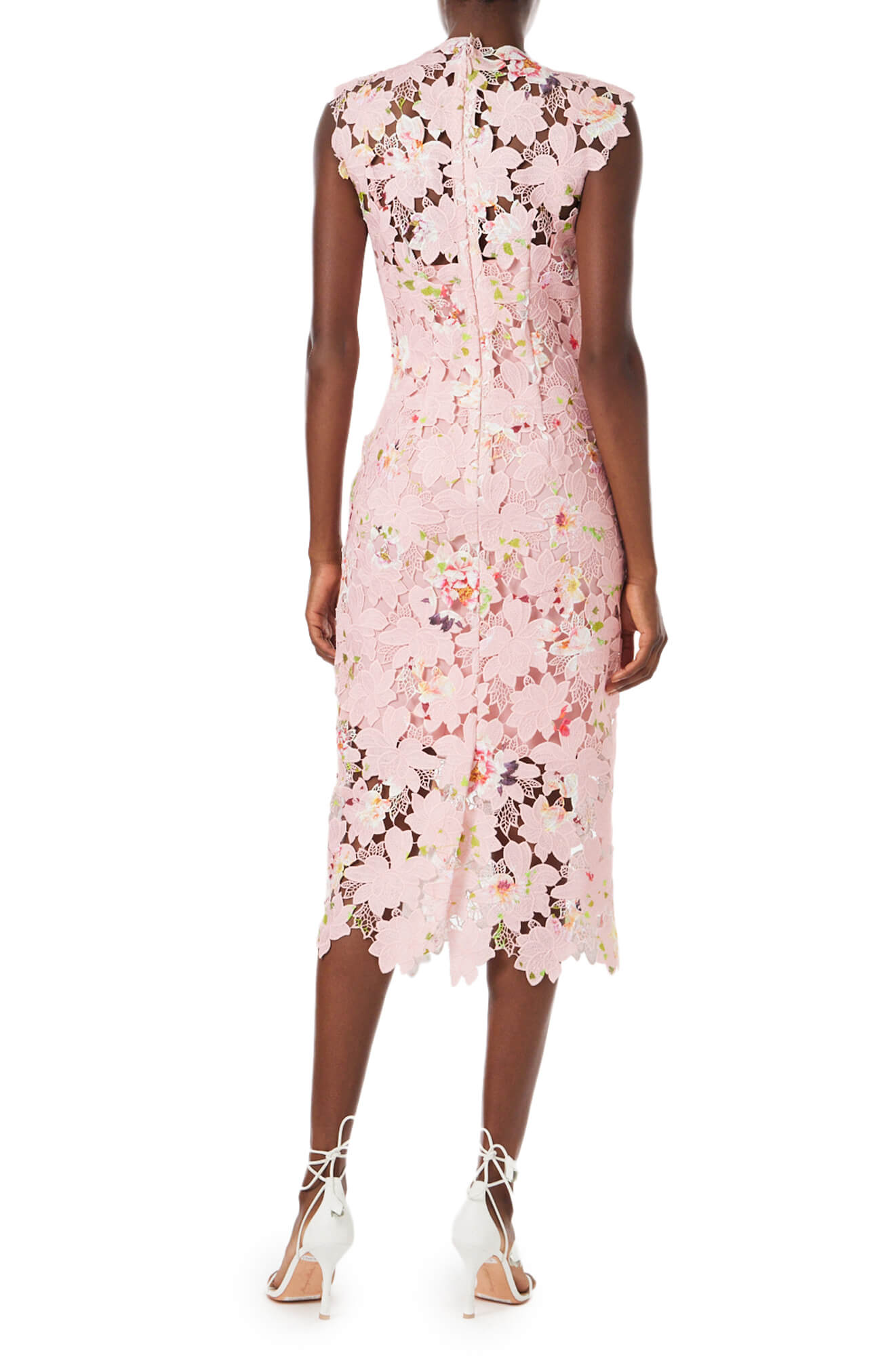 Monique Lhuillier Jewel-Neck Sleeveless Printed Lace Sheath Midi Dress, Peony Multi, Women's, 14, Sheath Dresses Monique Lhuillier Jewel-Neck Sleeveless Printed Lace Sheath Midi Dress, Peony Multi, Women's, 14, Sheath Dresses