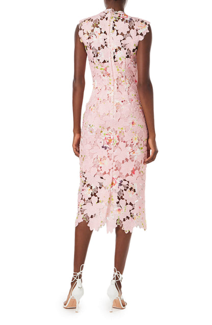 Monique Lhuillier sleeveless, midi length dress in peony pink floral printed lace.