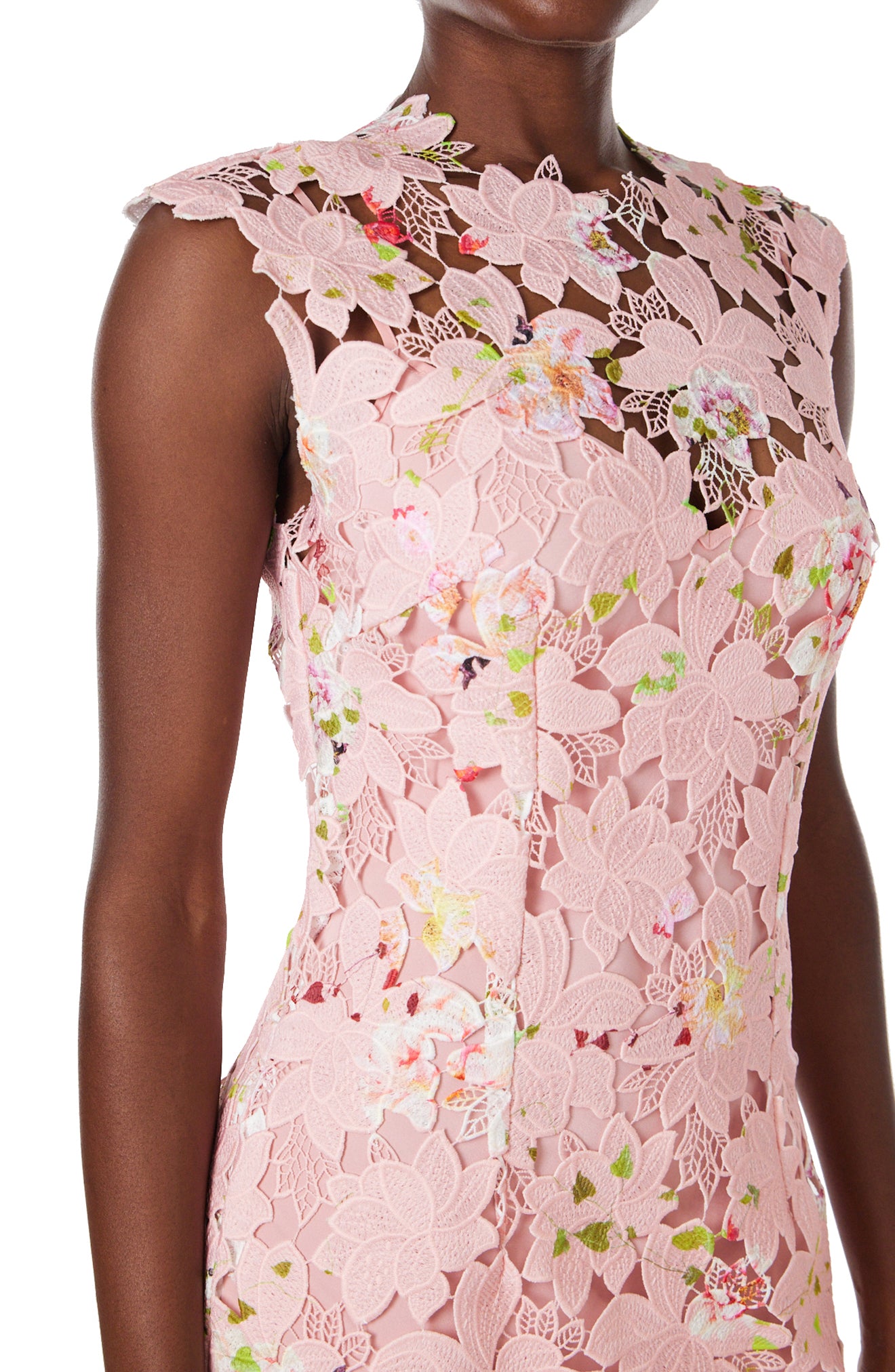 Monique Lhuillier sleeveless, midi length dress in peony pink floral printed lace.