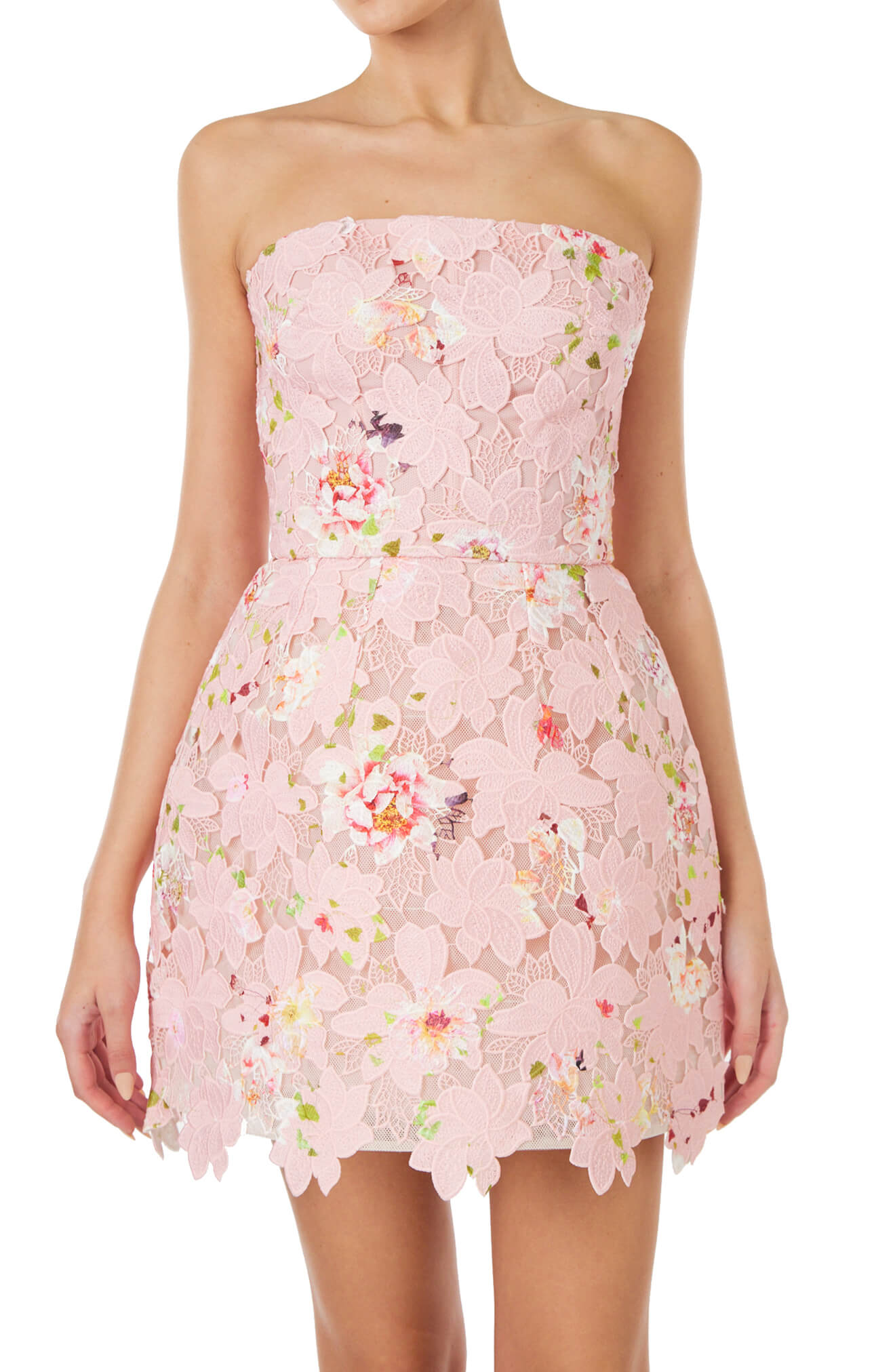 Monique Lhuillier pink peony strapless, printed lace dress with structured mini skirt.