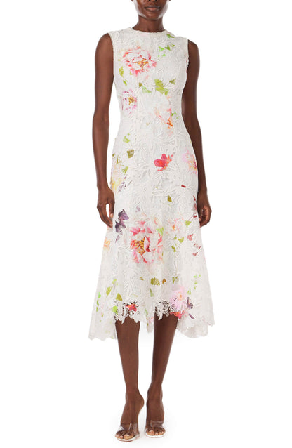 Monique Lhuillier midi dress in silk white lace with floral print.