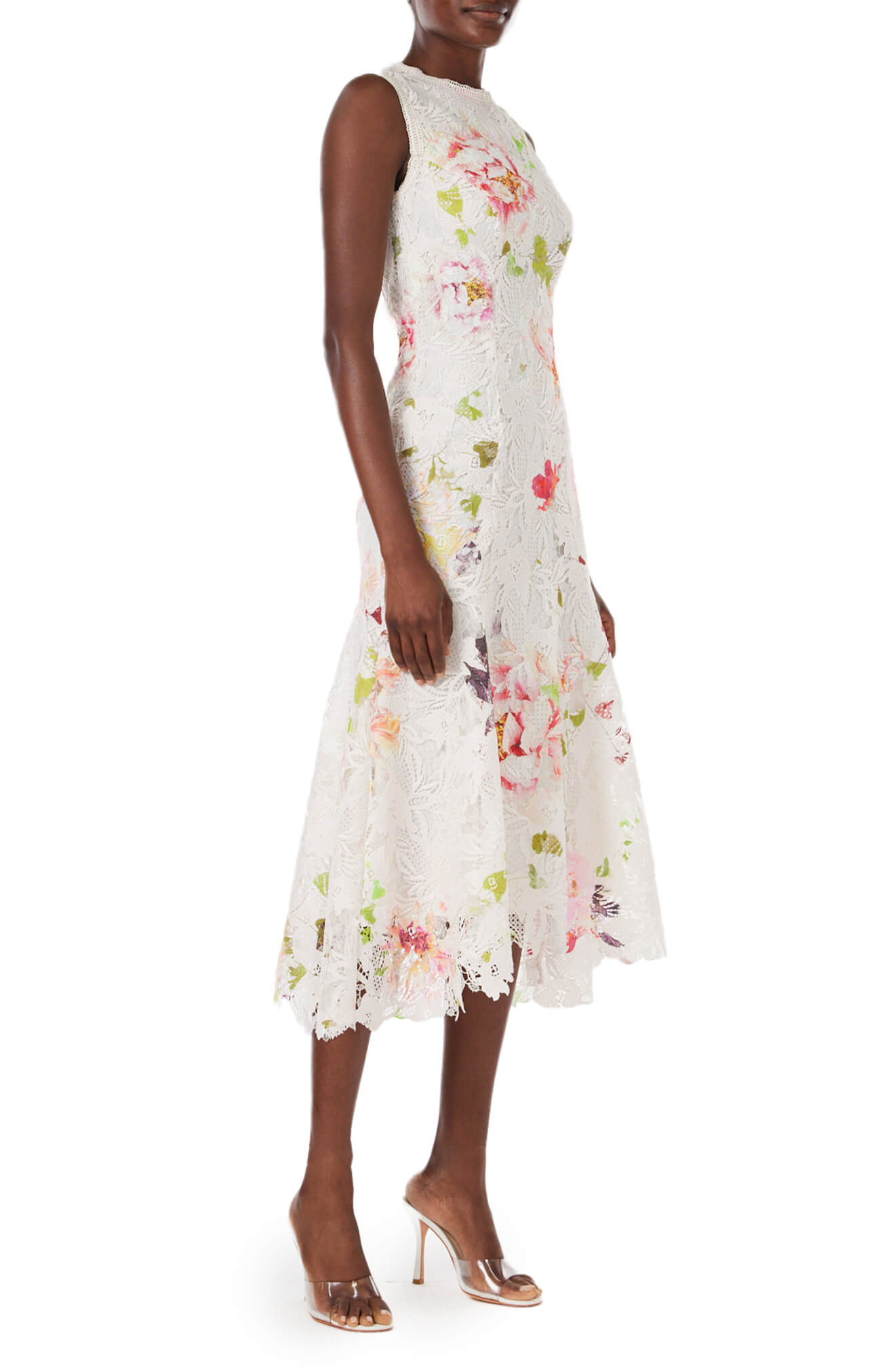 Monique Lhuillier midi dress in silk white lace with floral print.
