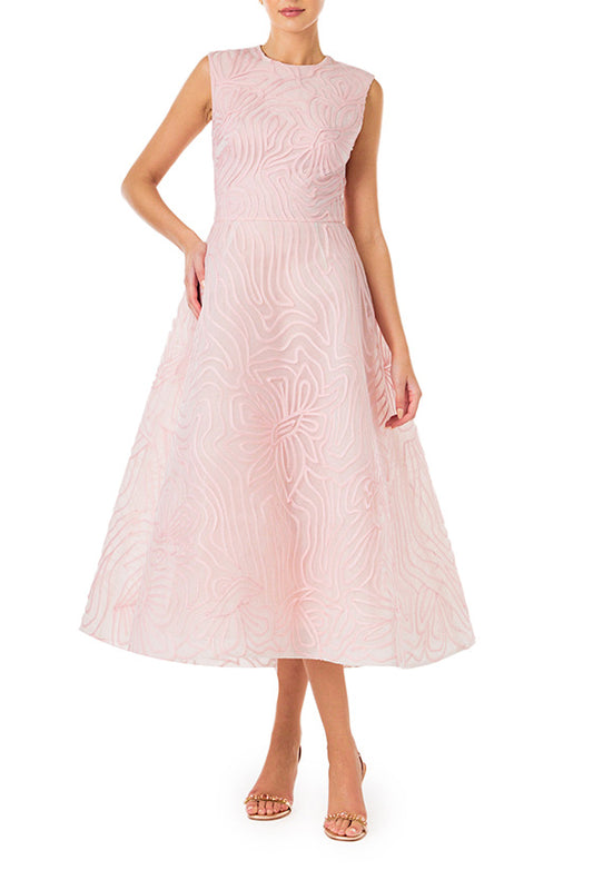 Monique Lhuillier midi length dress with jewel neckline in powder pink embroidery.