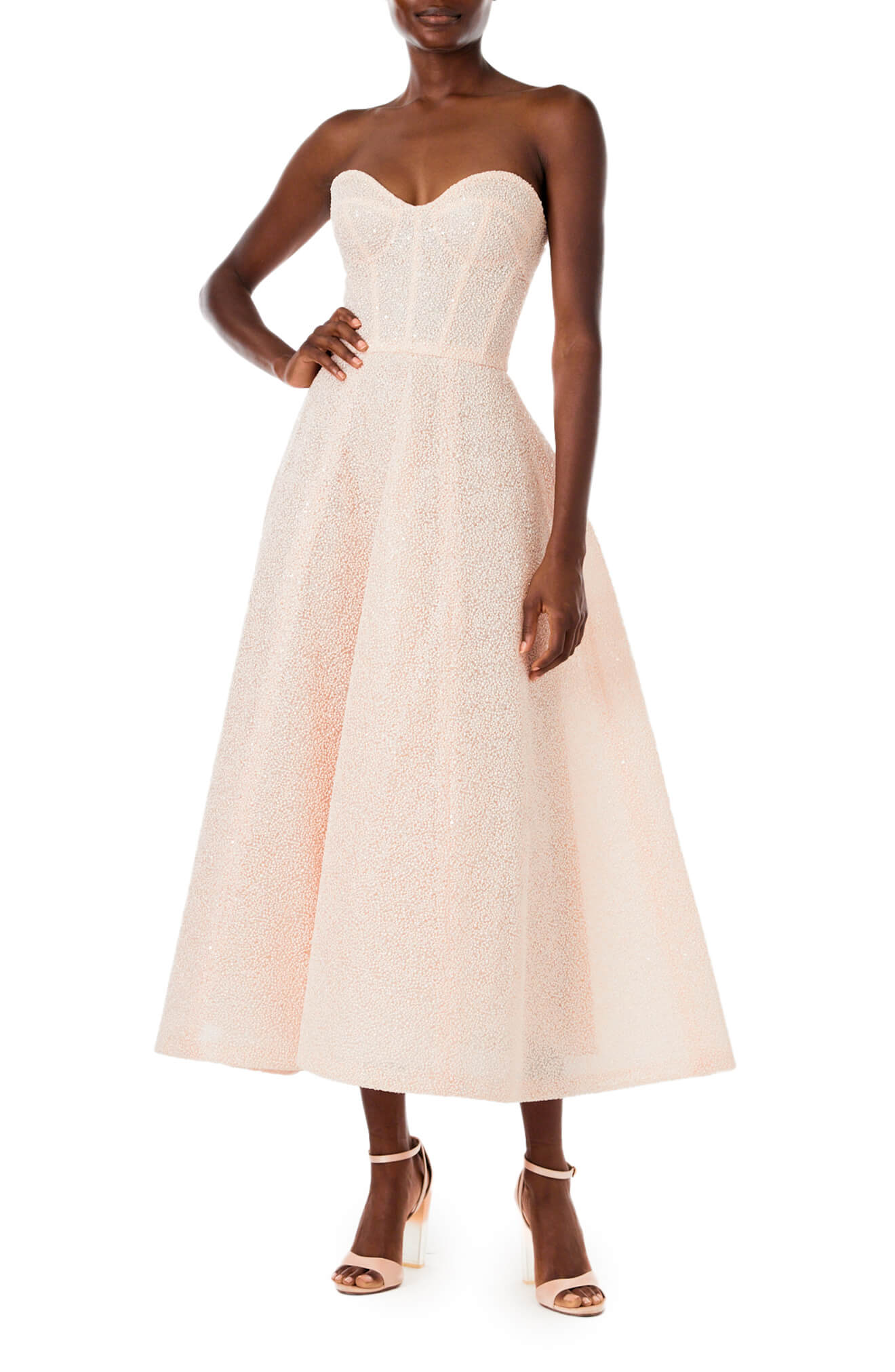 Monique Lhuillier midi length, strapless cocktail dress in powder pink embroidery.