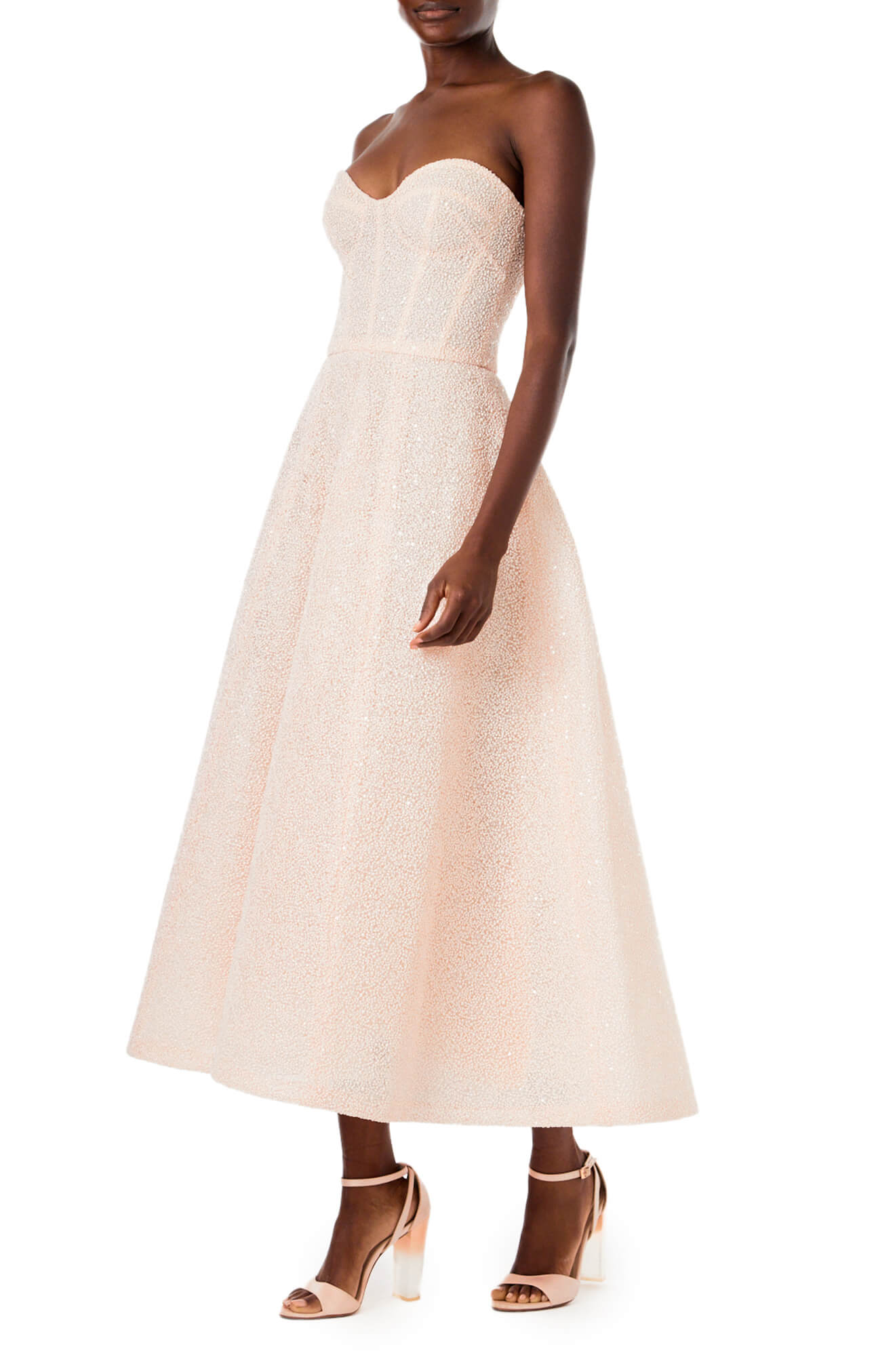 Embroidered Strapless Tea Length Dress Monique Lhuillier Embroidered Strapless Tea Length Dress Monique Lhuillier