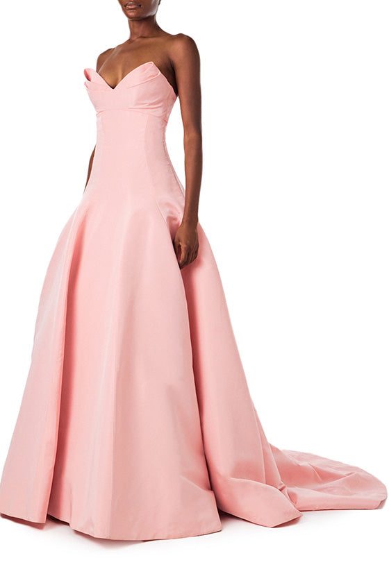 Monique Lhuillier strapless gown with seamed torso and draped, folded bodice in peony silk faille fabric.