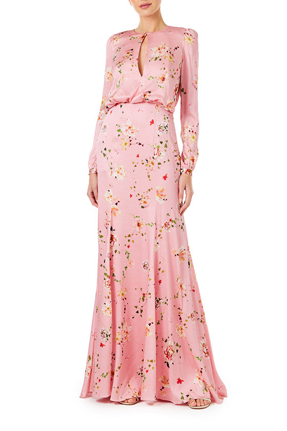 Monique Lhuillier peony floral long sleeve gown with keyhole bodice and draped back.