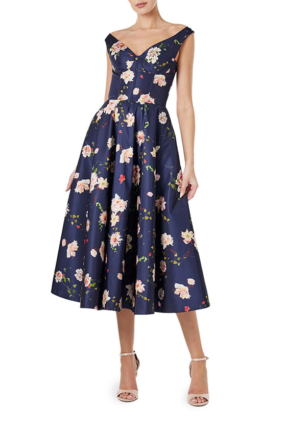 Monique Lhuillier Floral print Off Shoulder Fit Flare Dress