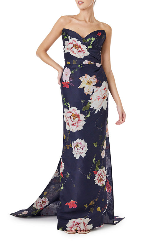 Monique Lhuillier navy floral gazar gown with strapless, sweetheart neckline and train.