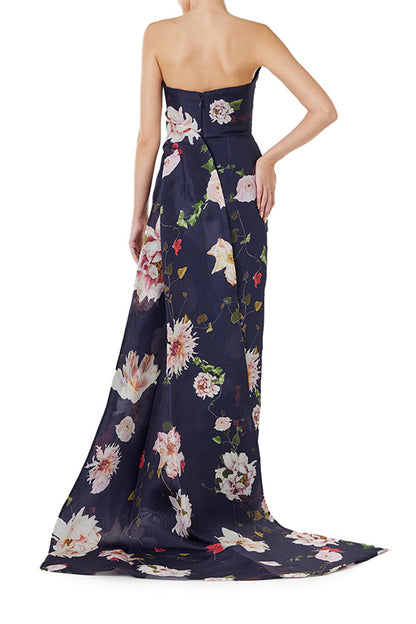 Monique Lhuillier navy floral gazar gown with strapless, sweetheart neckline and train.