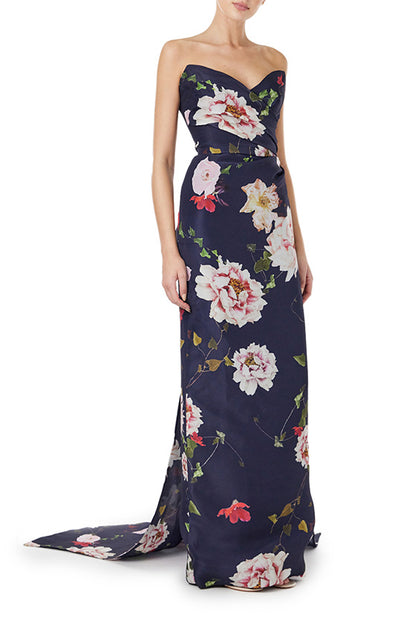 Monique Lhuillier navy floral gazar gown with strapless, sweetheart neckline and train.