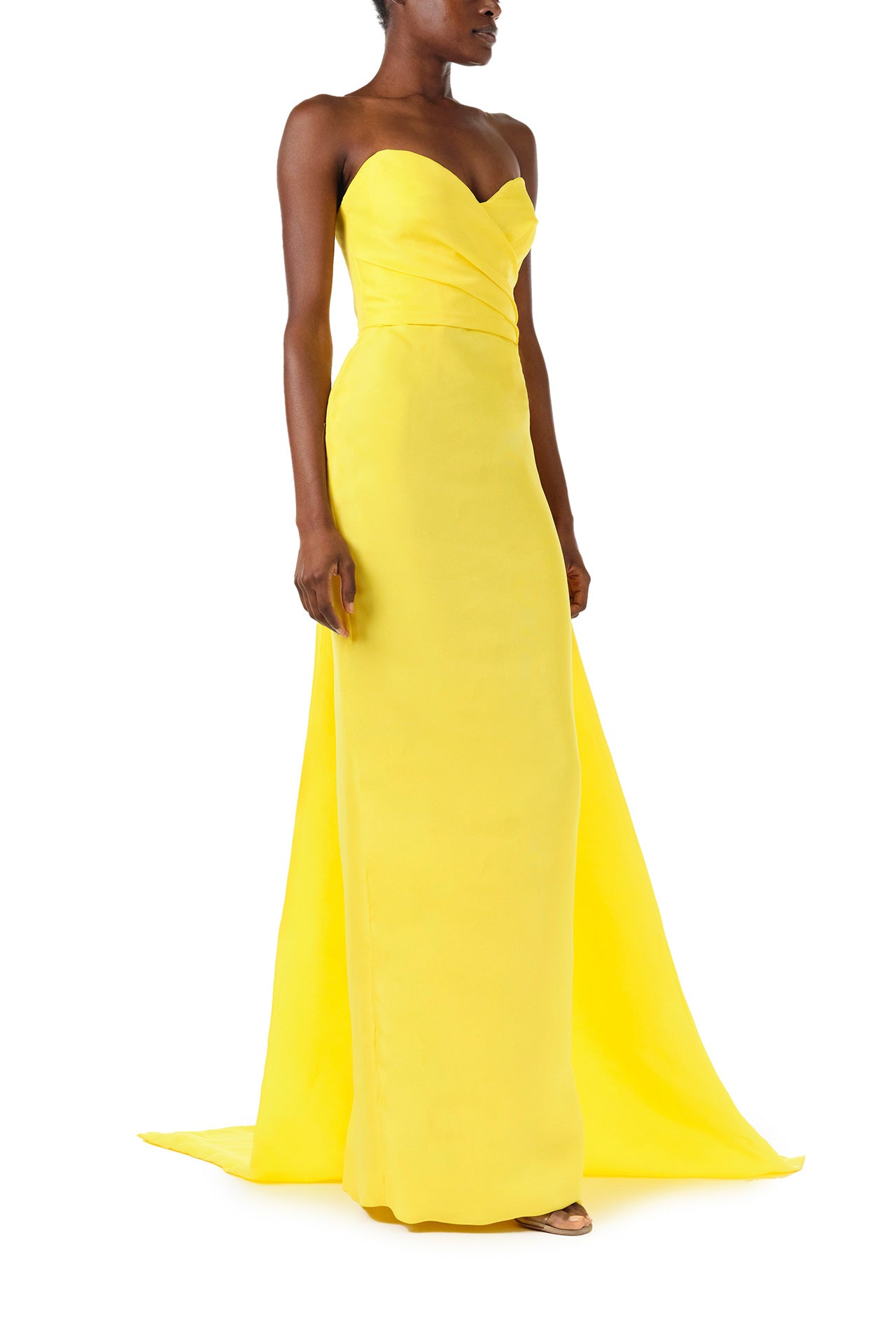 Monique Lhuillier Spring 2024 yellow strapless gown with sweetheart neckline and train - right side.