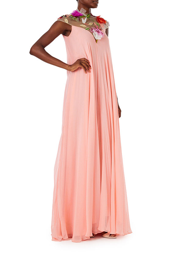 Monique Lhuillier Spring 2024 Melon chiffon caftan gown with floral 3-D embroidery over an illusion tulle neckline - side two.