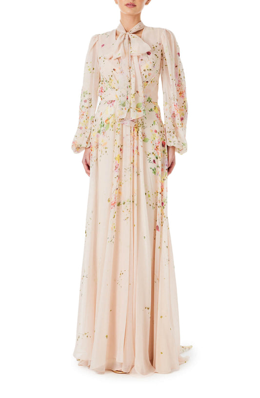 Monique Lhuillier long sleeve gown with attached necktie and gathered waist in buff floral printed chiffon.