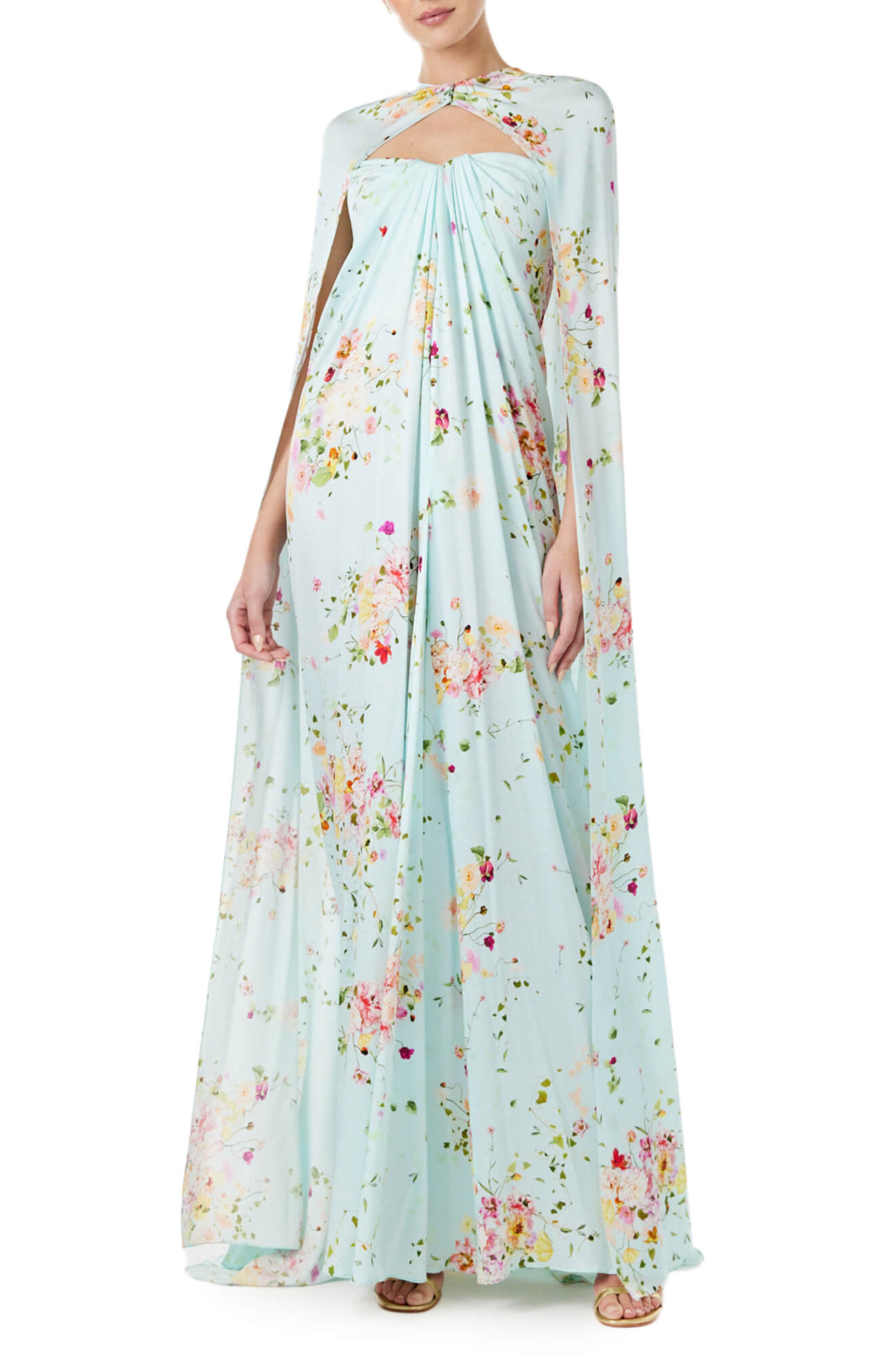 Monique Lhuillier strapless draped gown in pistachio floral print fabric.