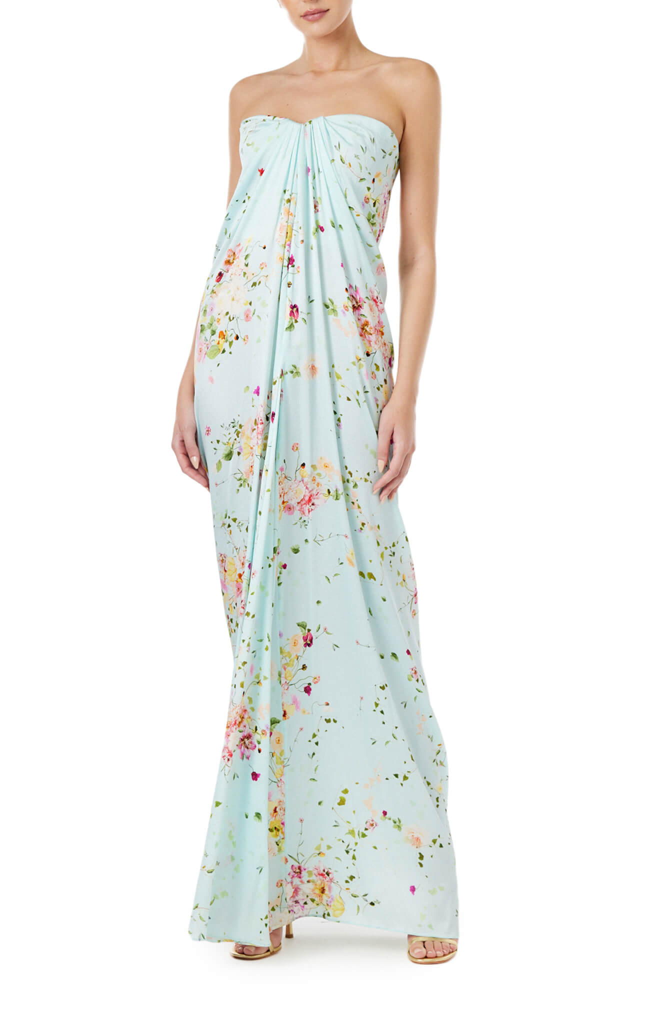 Monique Lhuillier strapless draped gown in pistachio floral print fabric.