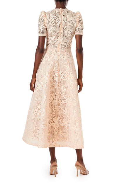 Monique Lhuillier short sleeve, midi length dress in blush creme lace.