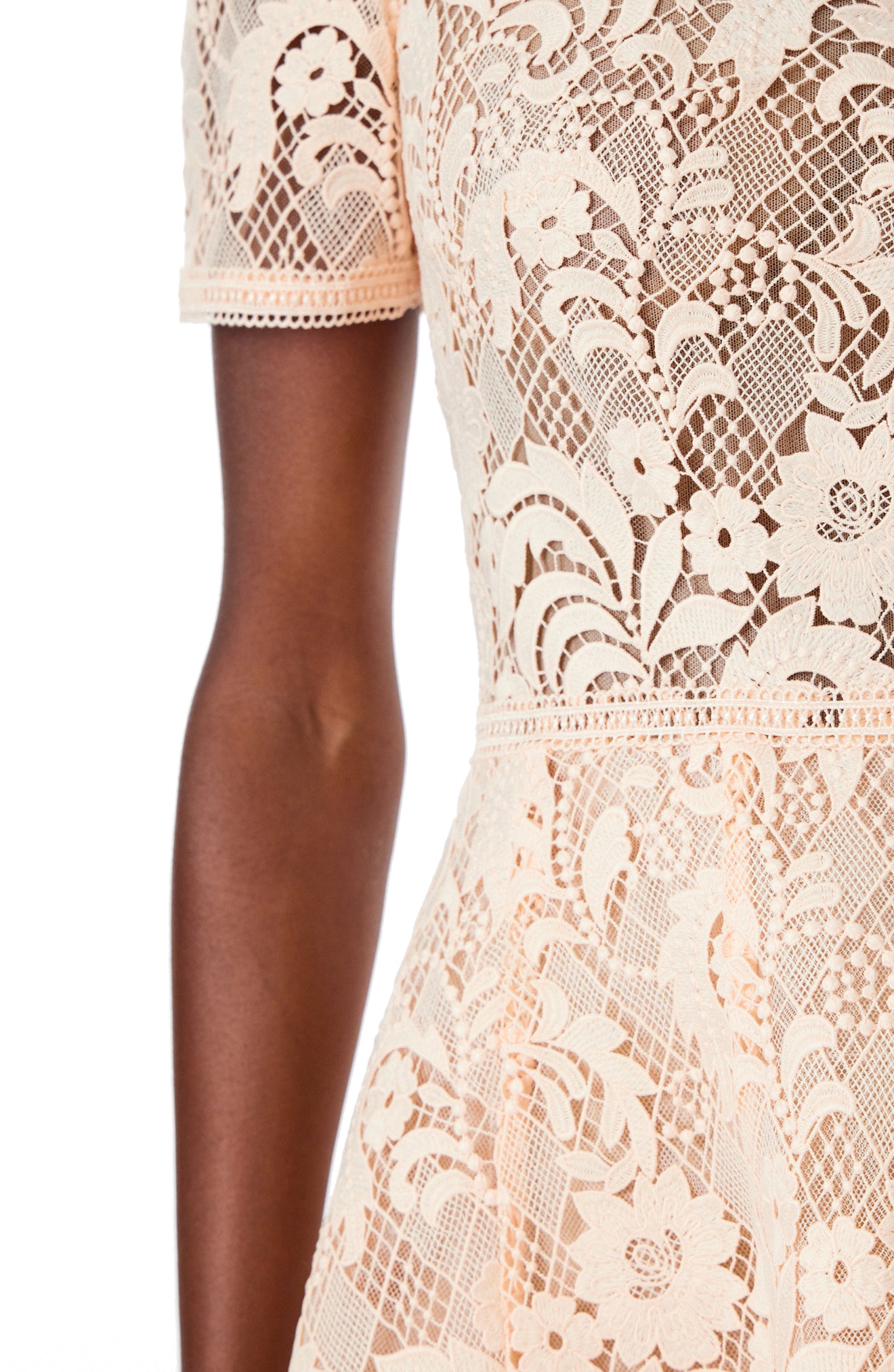 Monique Lhuillier short sleeve, midi length dress in blush creme lace.