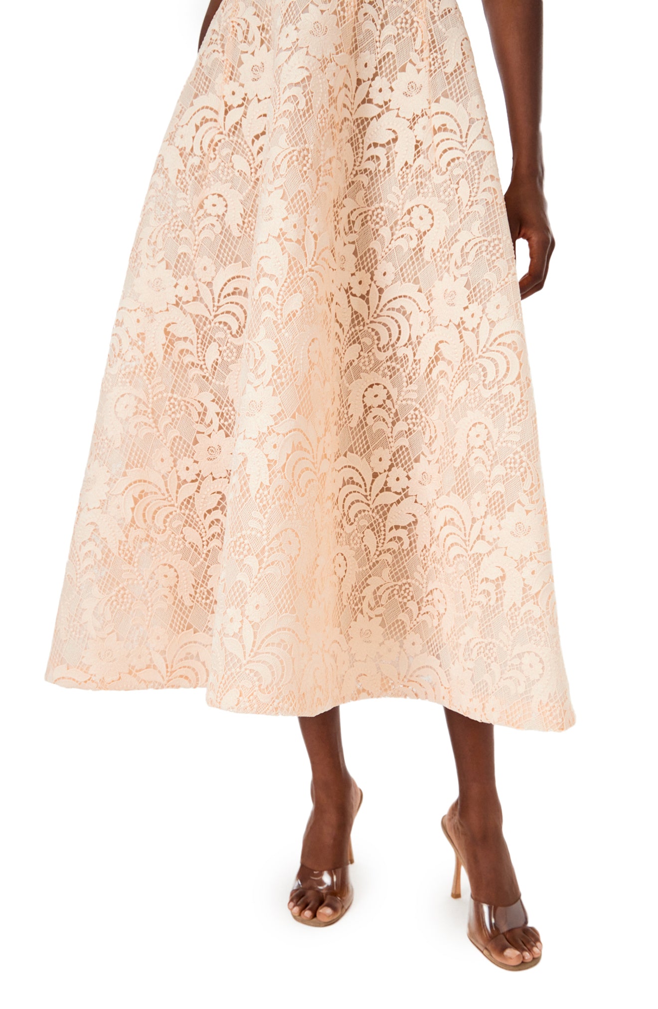Monique Lhuillier short sleeve, midi length dress in blush creme lace.