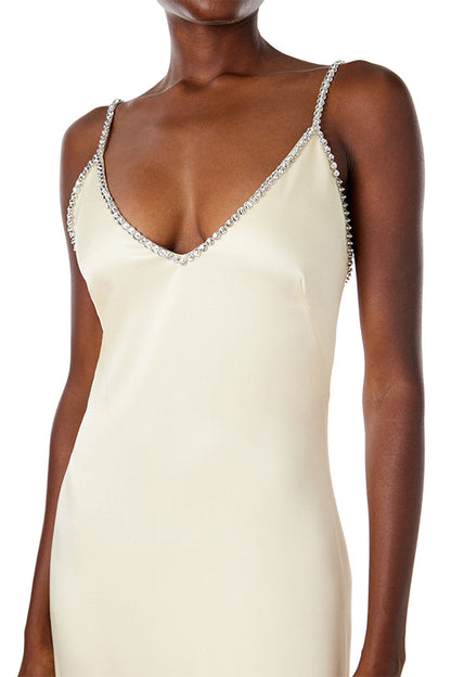 Monique Lhuillier creme satin slip gown with crystal embroidered straps and neckline.