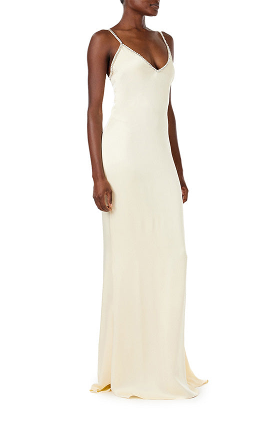 Monique Lhuillier creme satin slip gown with crystal embroidered straps and neckline.