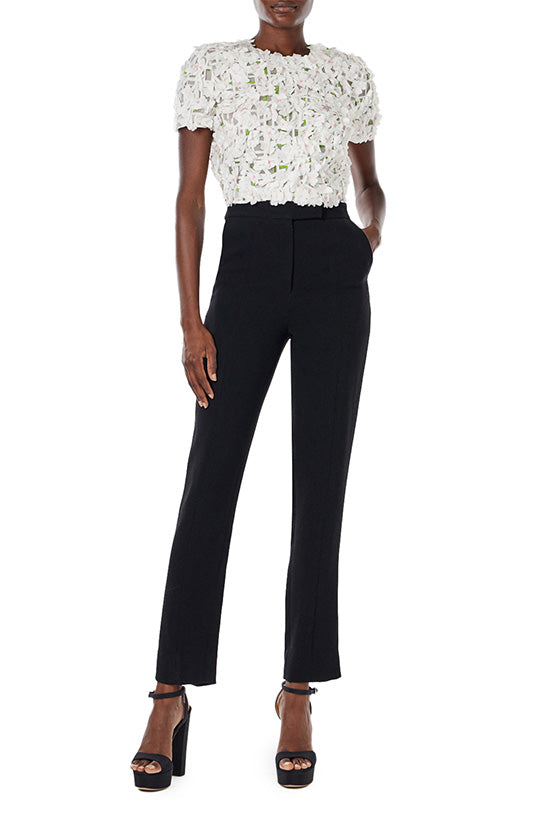 Monique Lhuillier crop top with short sleeves in silk white floral embroidery.