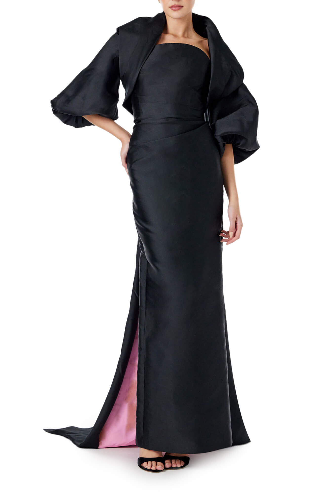Monique Lhuillier strapless column gown in black silk faille with pink bi-color train and black faille cocoon evening jacket.