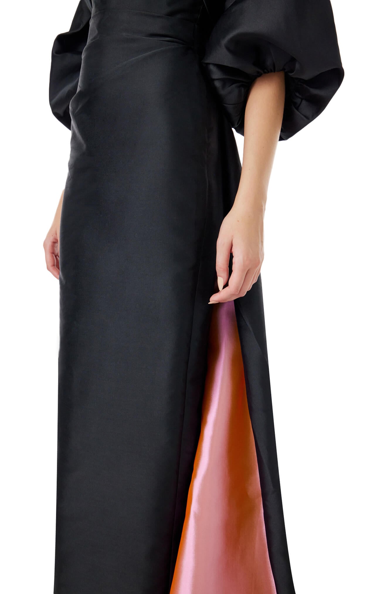 Monique Lhuillier strapless column gown in black silk faille with pink bi-color train.