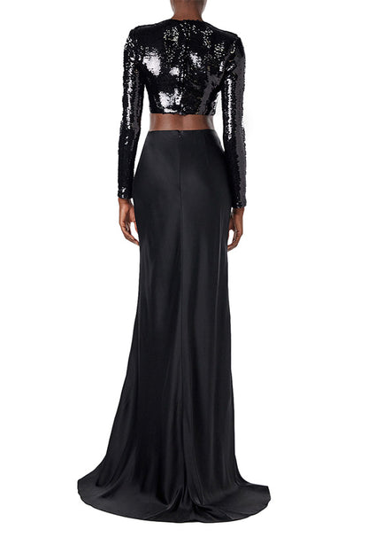 Monique Lhuillier black satin floor length evening skirt.