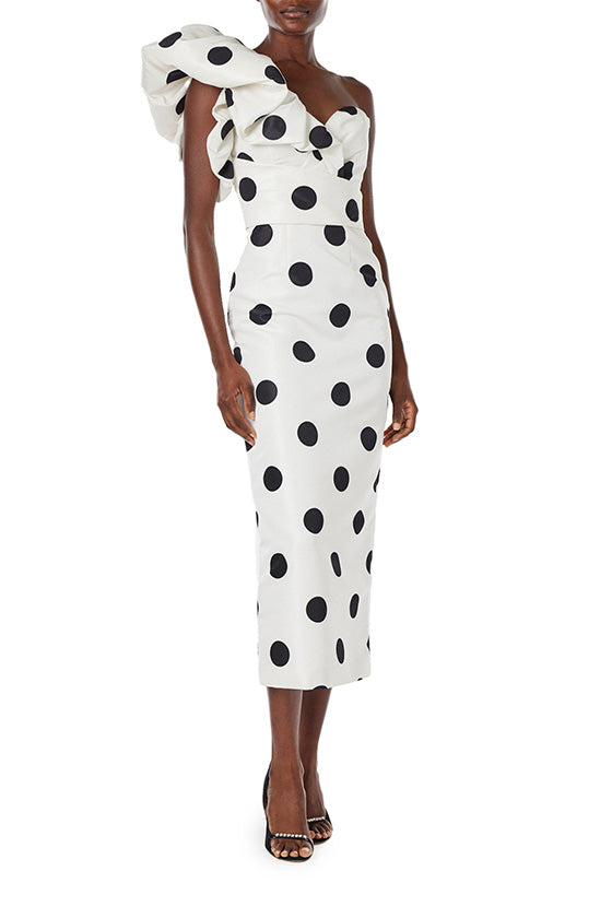 Black and white polka dot dress one on sale shoulder