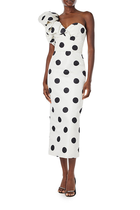 Monique Lhuillier one shoulder white silk faille dress with black polka dots and ruffle sculptural shoulder.