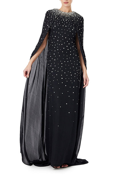 Embroidered Chiffon Cape Gown