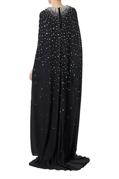 Monique Lhuillier jewel neck, cape gown in Noir chiffon and metallic embroidery.