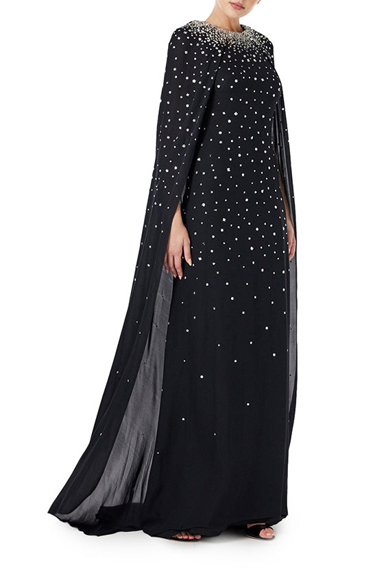 Monique Lhuillier jewel neck, cape gown in Noir chiffon and metallic embroidery.